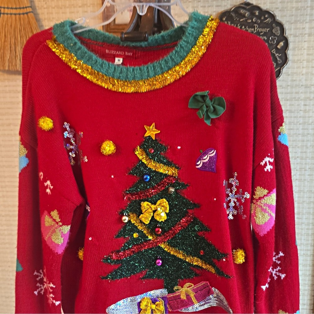 Blizzard Bay Women's M Red Christmas Tree Crew Neck Long Sleeve Pullover Sweater